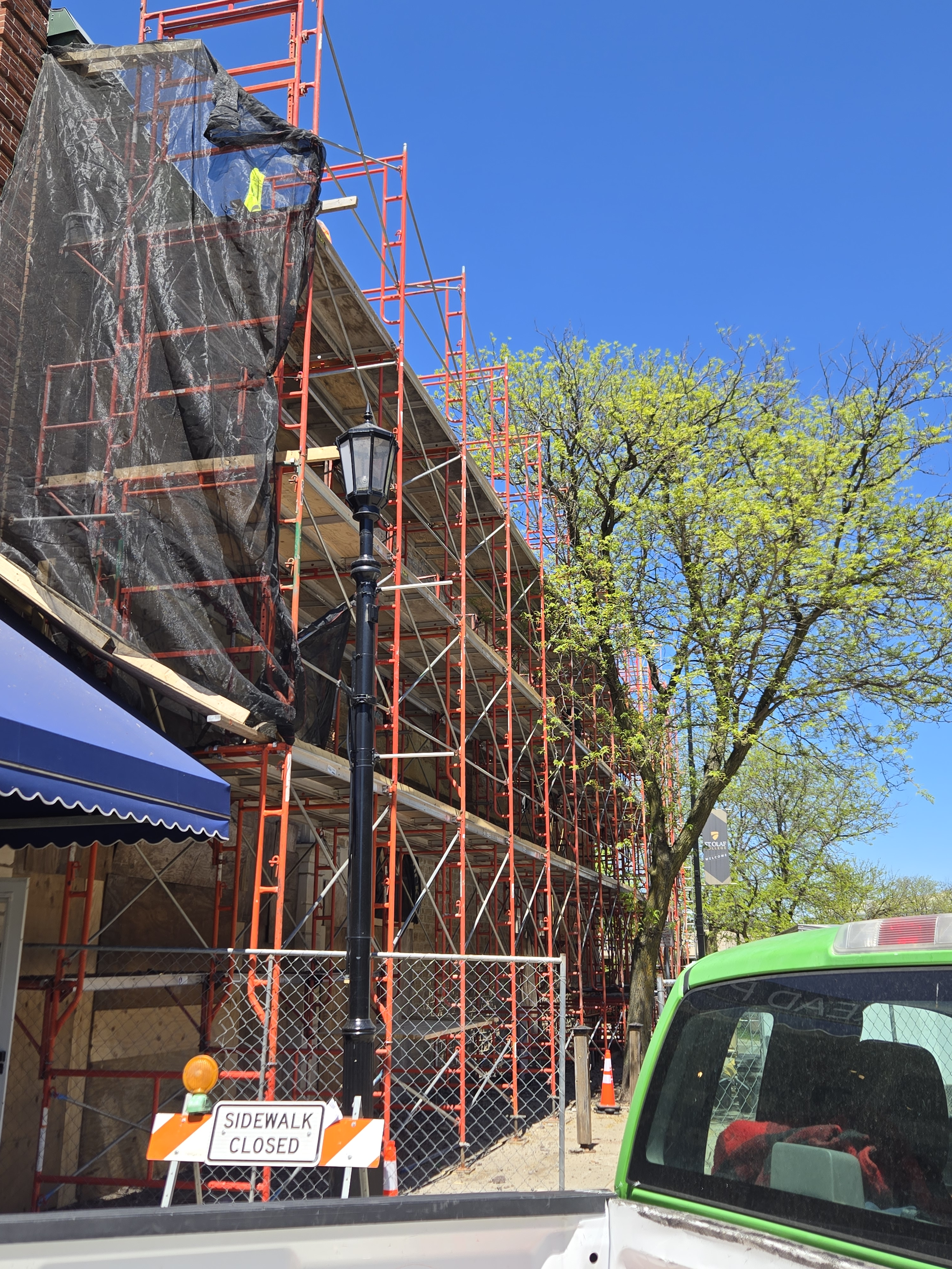 Historic brick building masonry renovation scaffolding