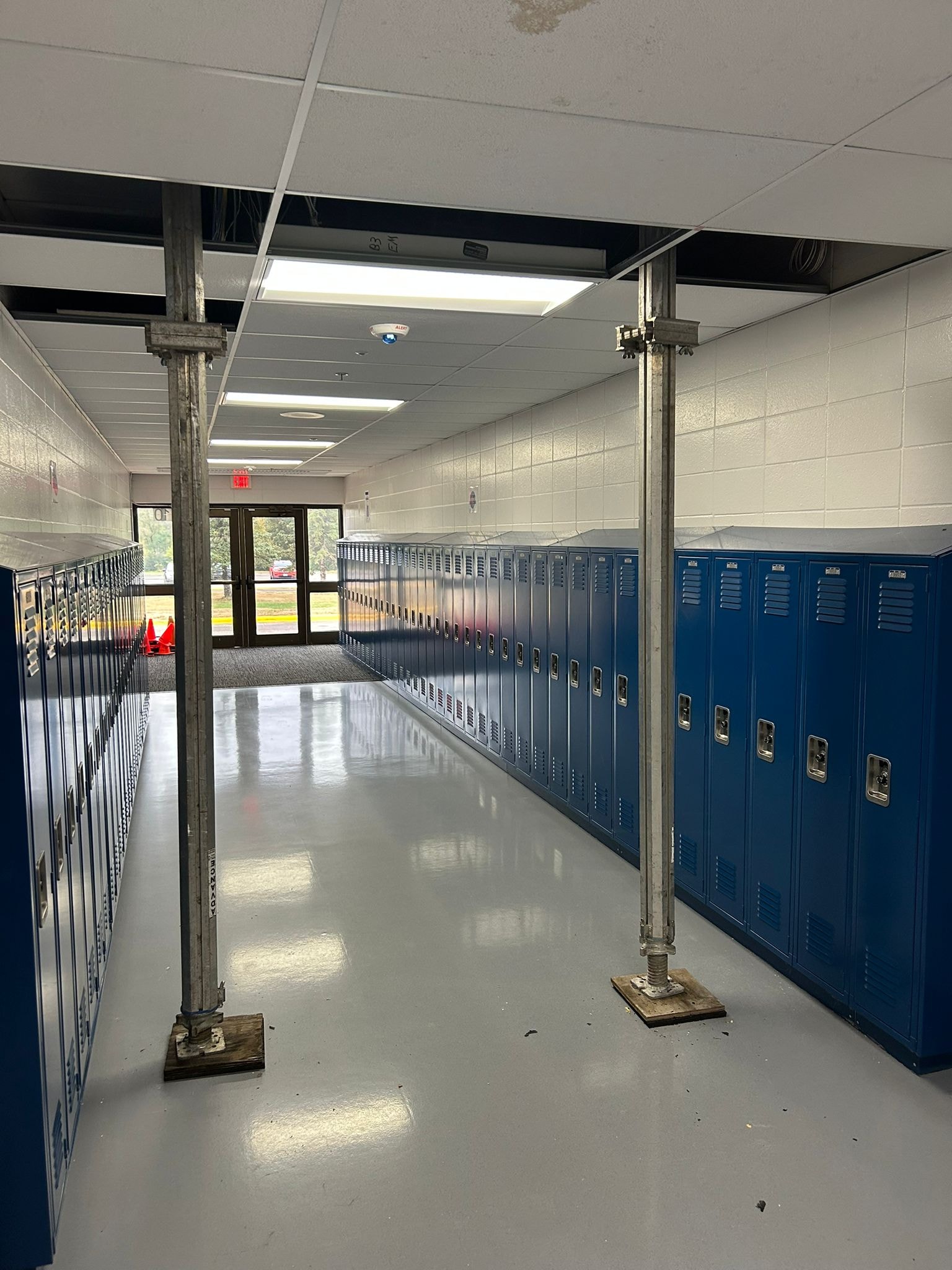 Interior shoring providing temporary structural support during a school renovation